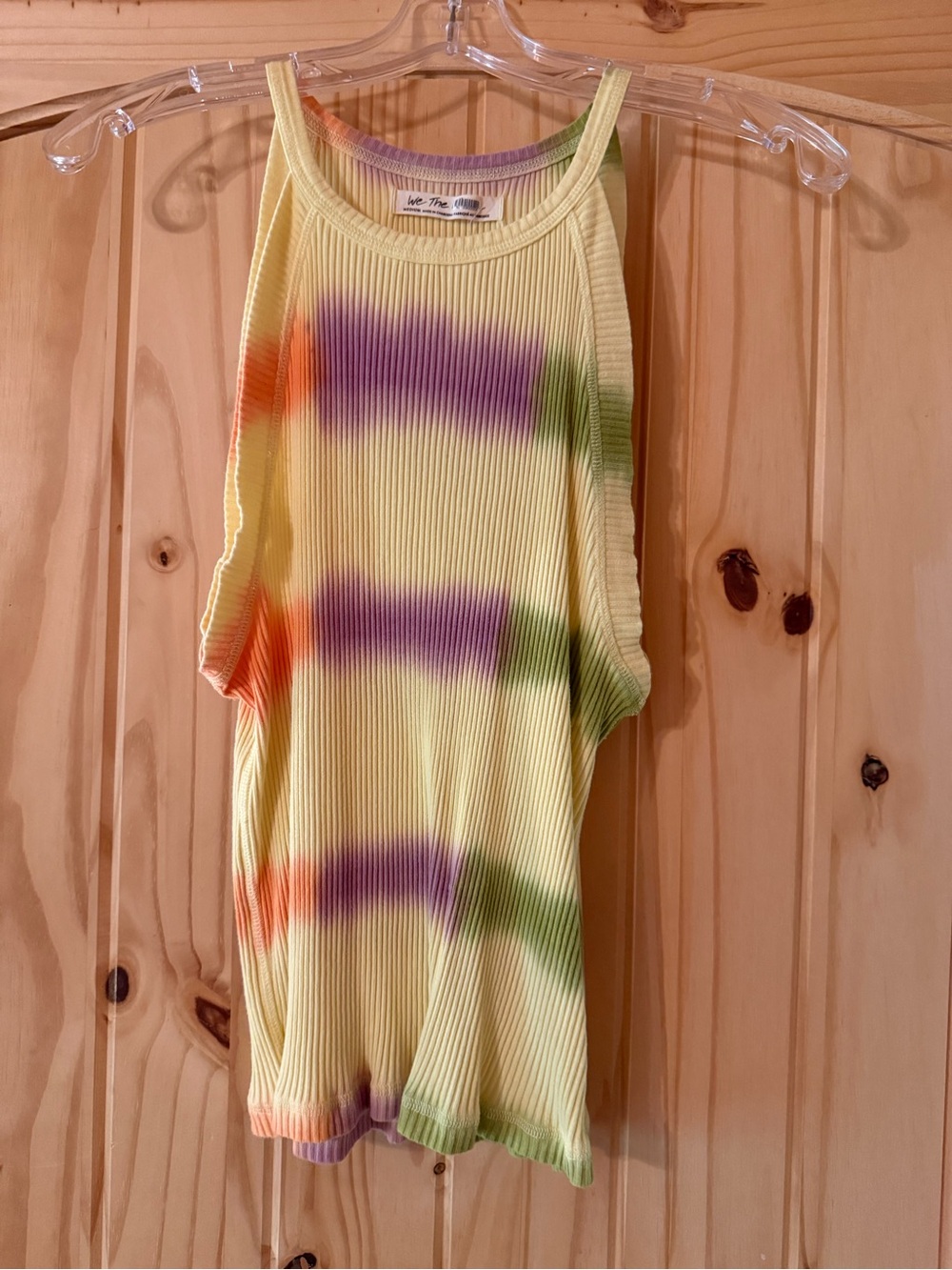 Free People Yellow Ribbed Tie-Dye Tank with Purple, Green, and Orange Accents